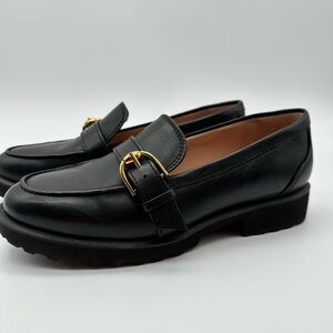 SOLD-Cole Haan Giana Buckle Black Leather Loafers with Gold Accent